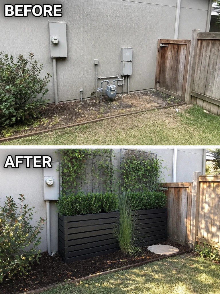 Before and after of utility area with new black planters, plants, and trellises