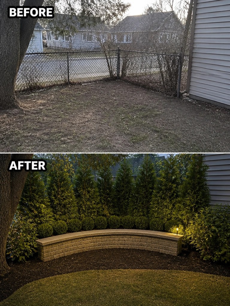Before-and-after image of a bare backyard with a chain link fence changed into a private space with a row of tall evergreens, a curved stone wall, and fresh mulch.