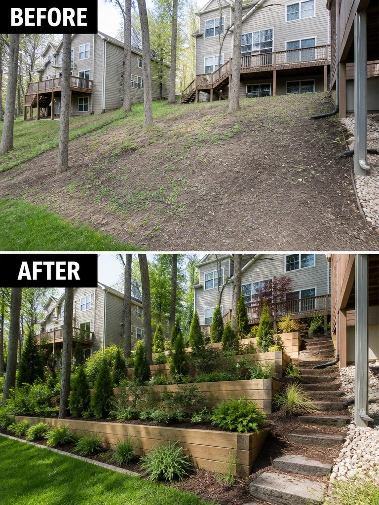 Before and after of sloped yard transformed by tiered wooden retaining walls and plants.