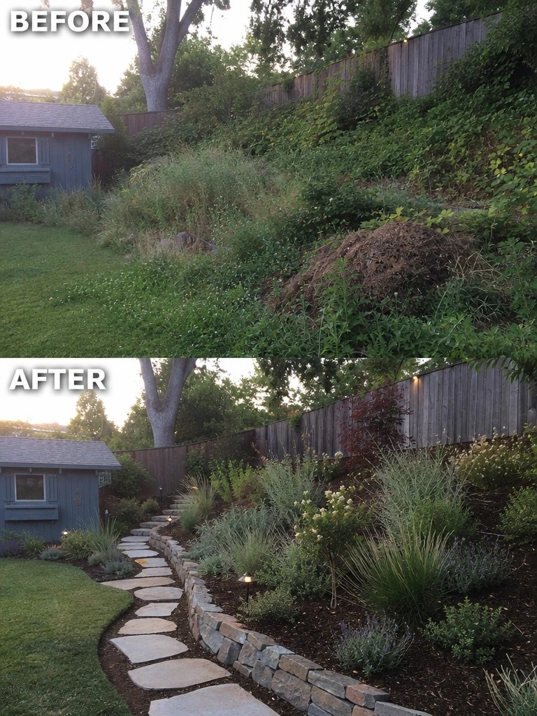 Before and after of overgrown hillside transformed into landscaped garden with stone path
