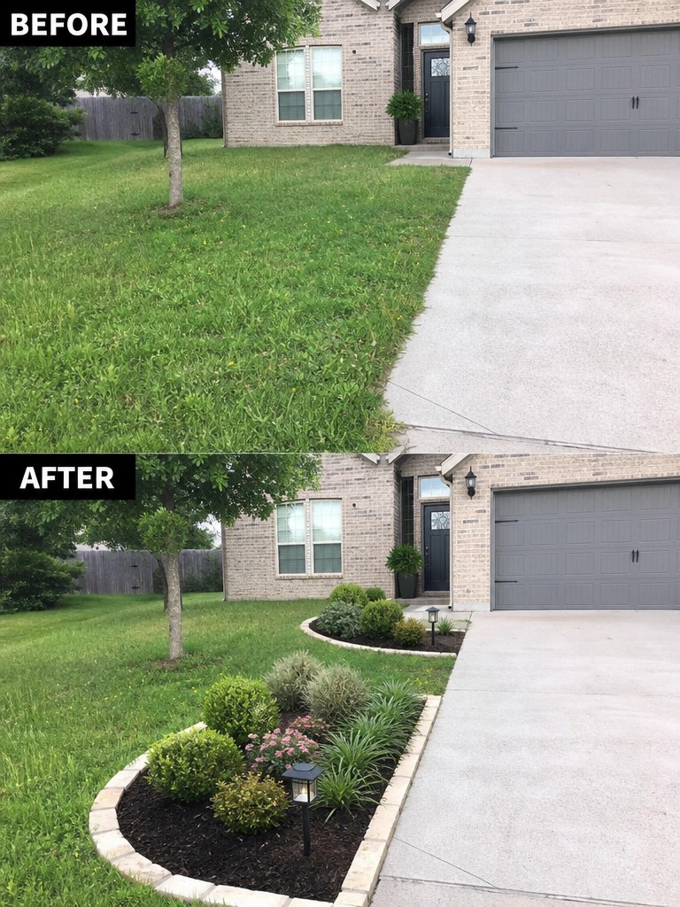 Before and after of brick house yard with added curved flower beds and plants.