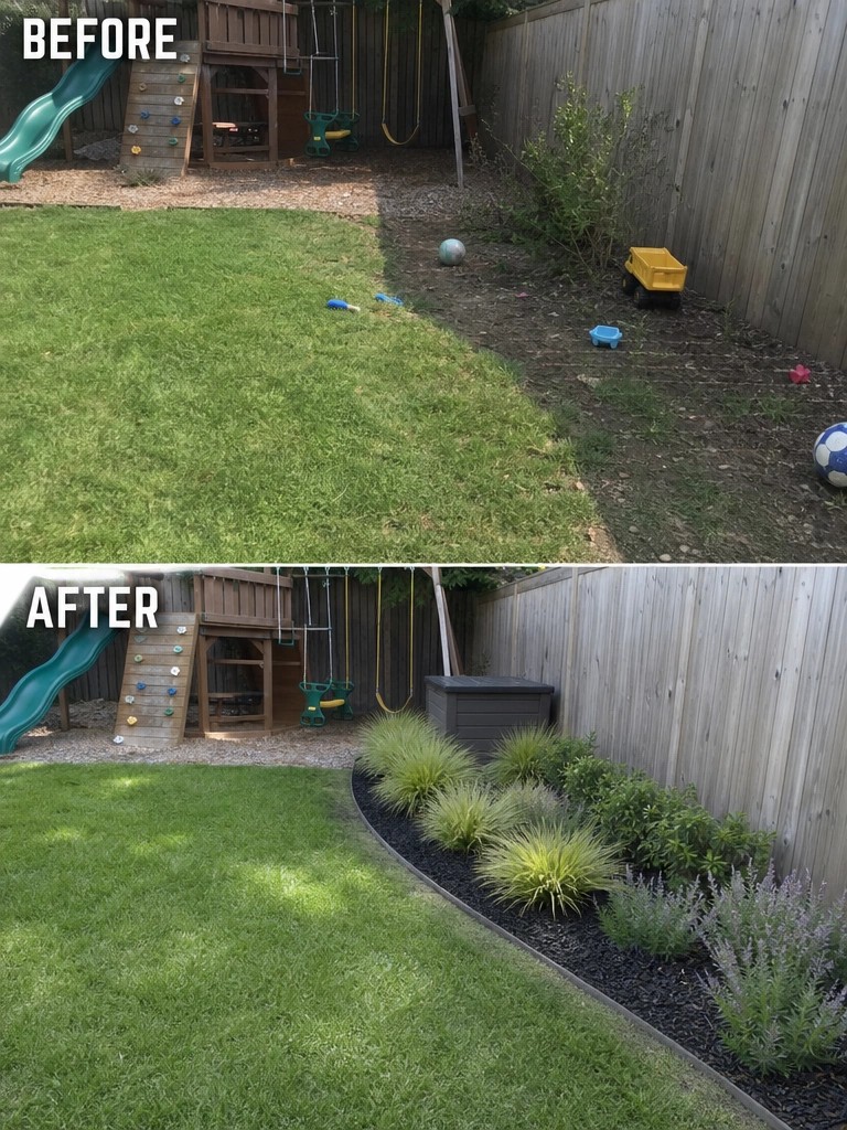 Before-and-after image of a backyard with an overgrown dirt area next to the lawn changed into a neat lawn with a mulched garden bed along the fence.