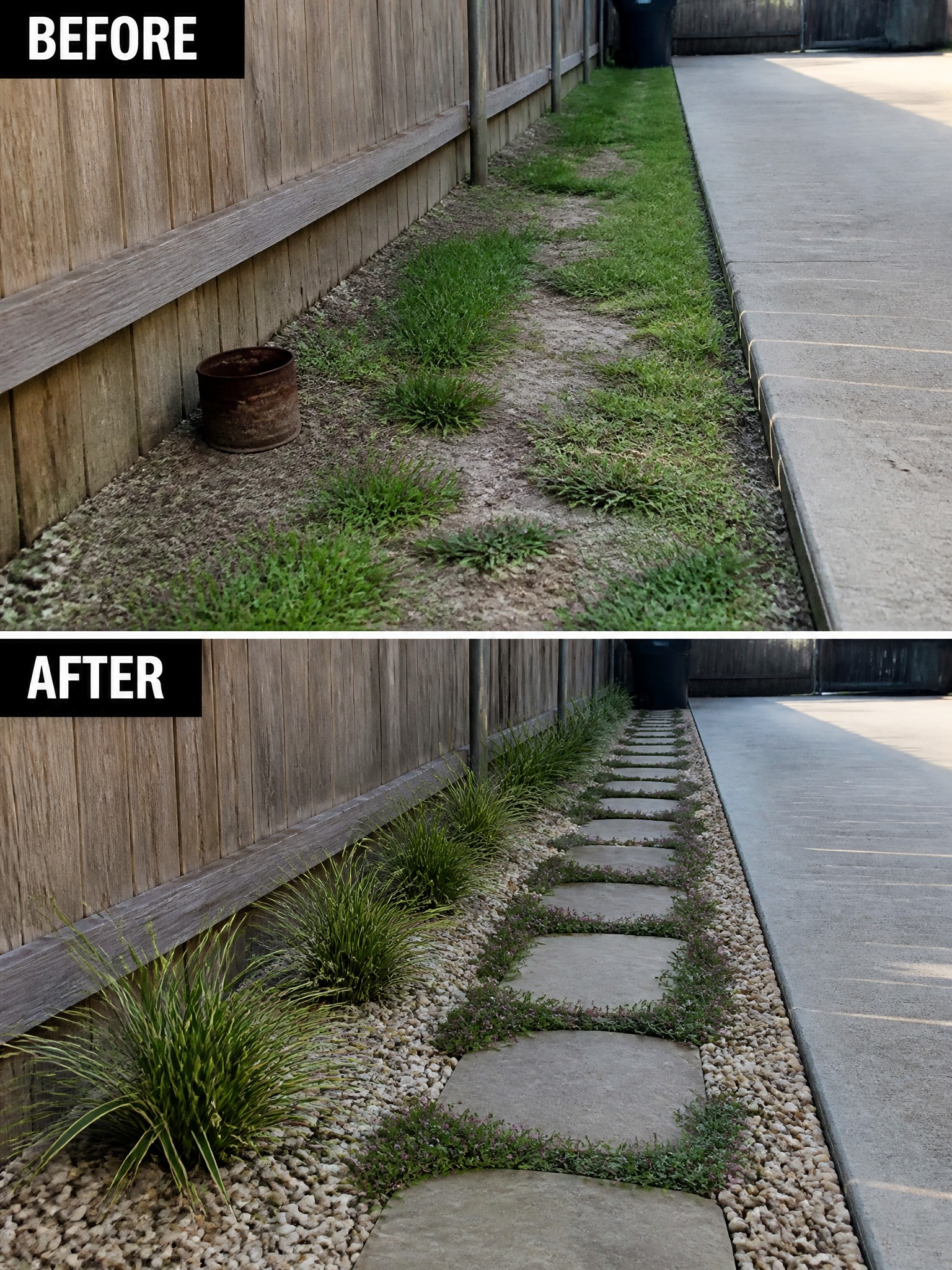 Before and after landscaping weedy strip into gravel path with stepping stones and plants.