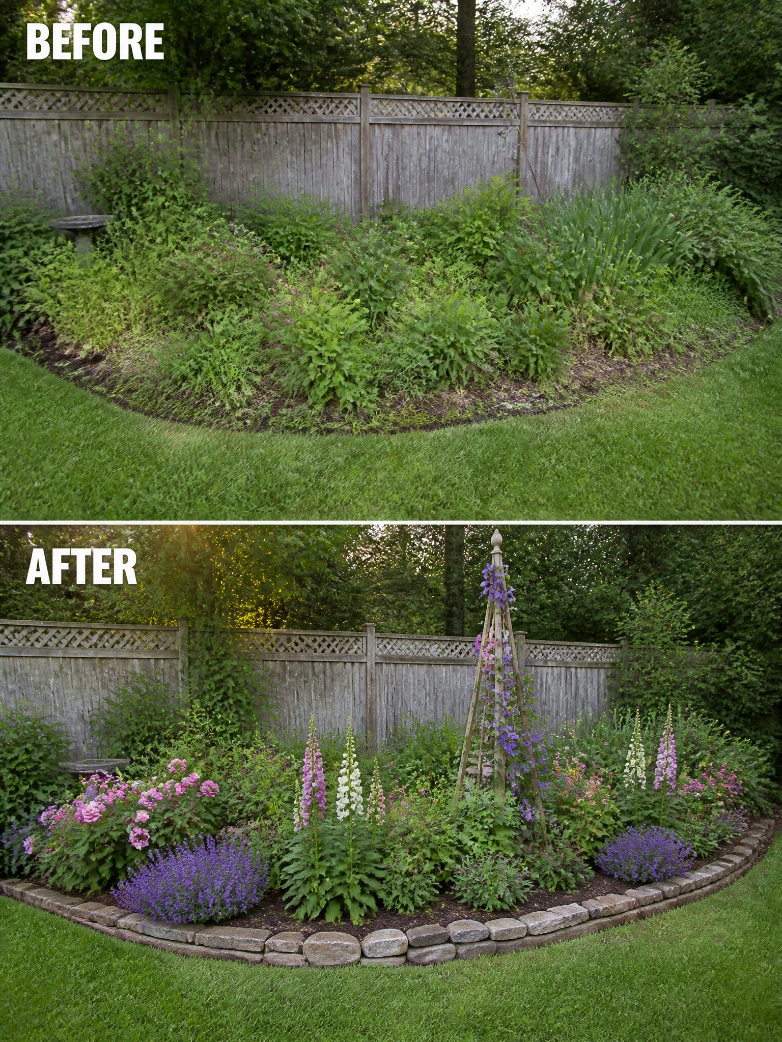 Before and after of overgrown garden transformed into colorful flower bed with trellis and stone border