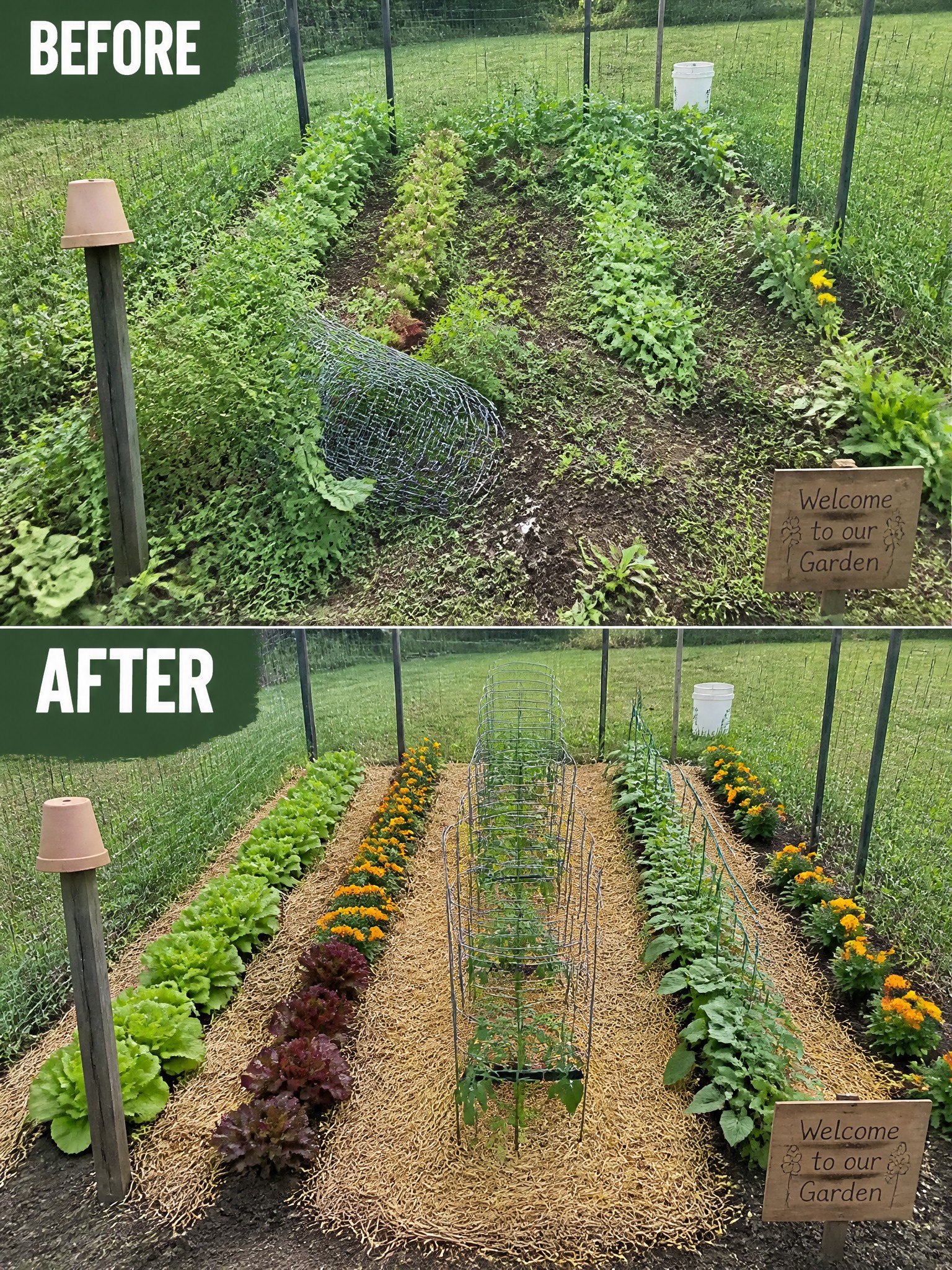 Before and after of overgrown garden transformed into neat mulched rows with supports.