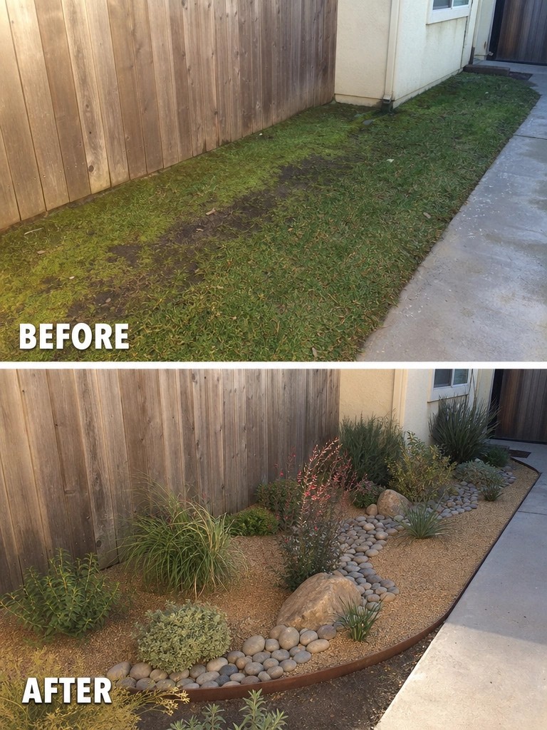 Before and after of weedy grass strip transformed into rock garden with plants.