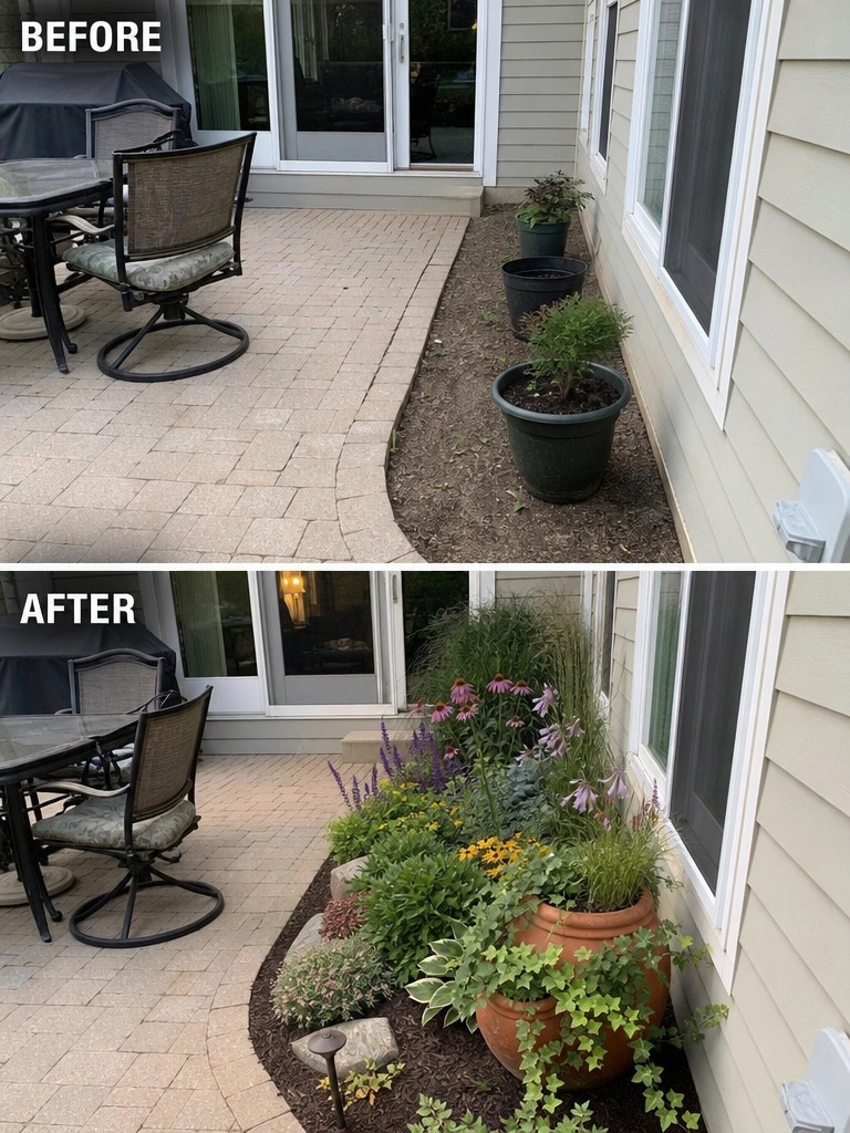 Before and after of patio garden bed with added plants and flowers.