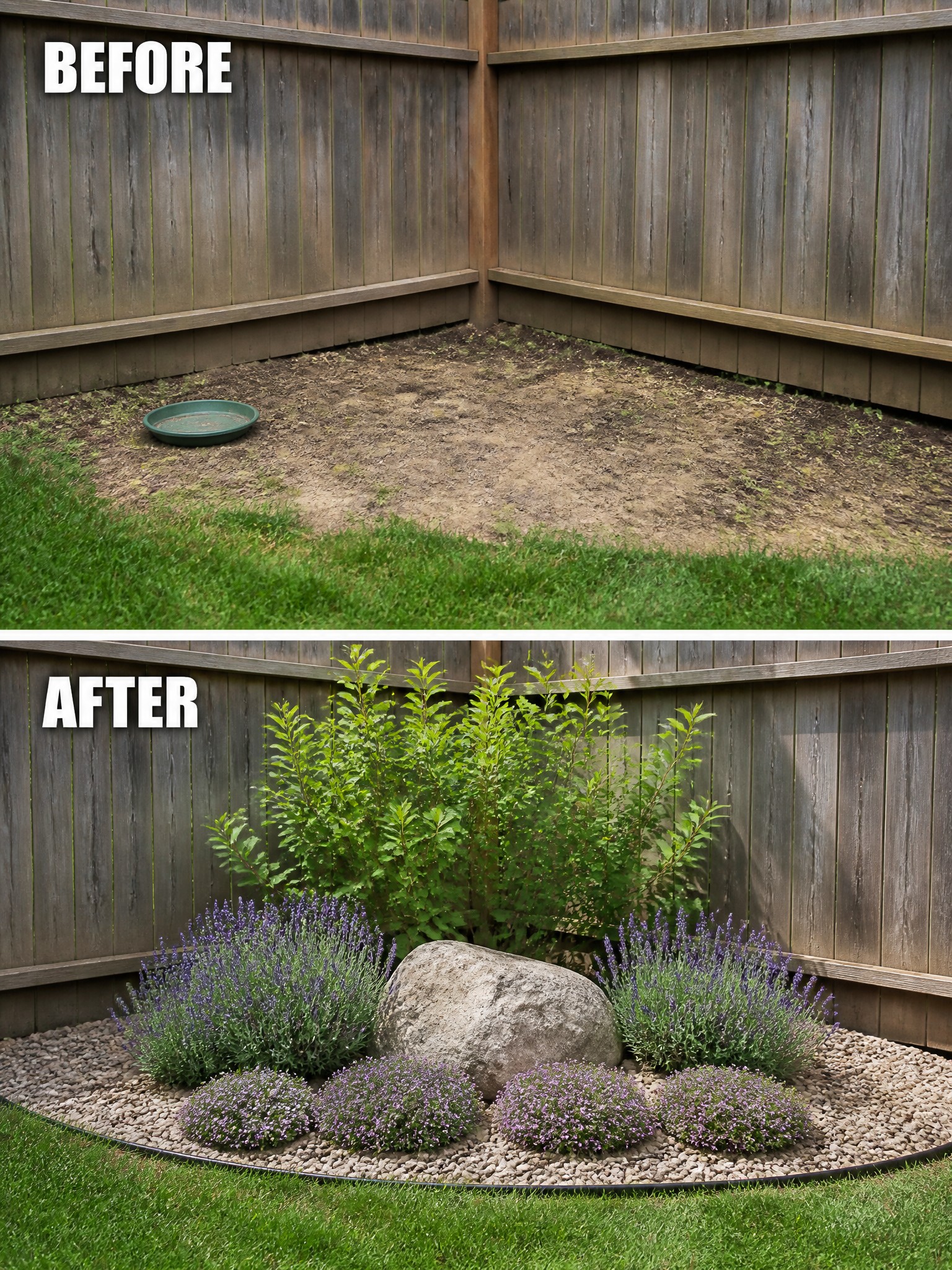 Before and after of fenced garden transformed with plants, rock, and gravel
