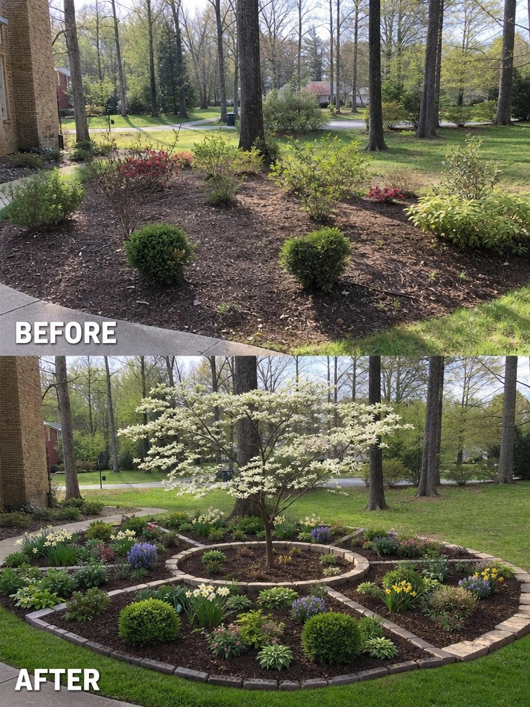 Before-and-after image of an open mulched area with scattered shrubs changed into structured garden beds with stone edging around a central tree.