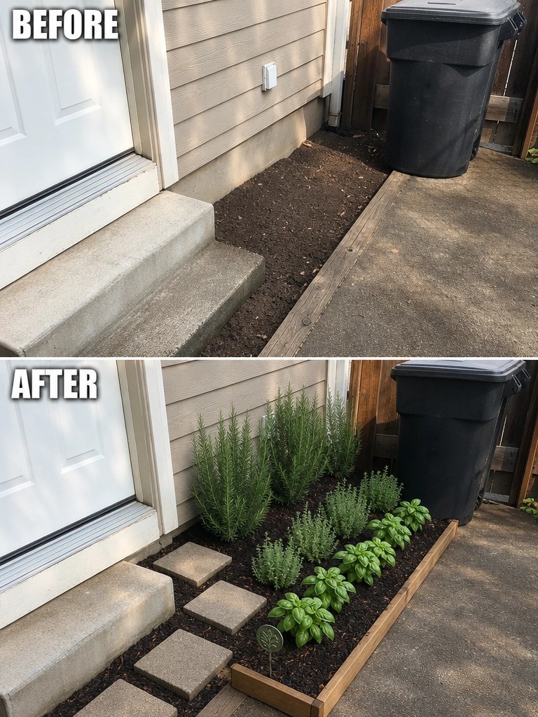 Before-and-after image of a bare dirt strip beside a house entrance transformed into a structured garden bed with wooden borders, stepping stones, and planted herbs.