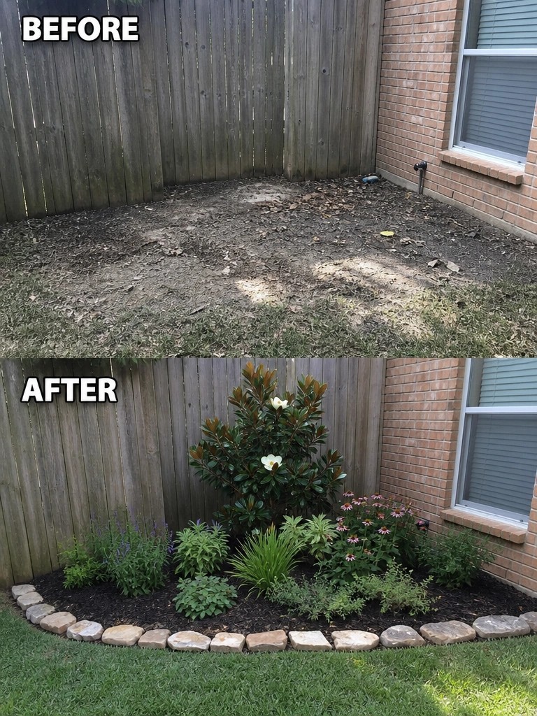 Before-and-after backyard makeover: bare dirt transformed into mulched garden bed with plants and stone border.