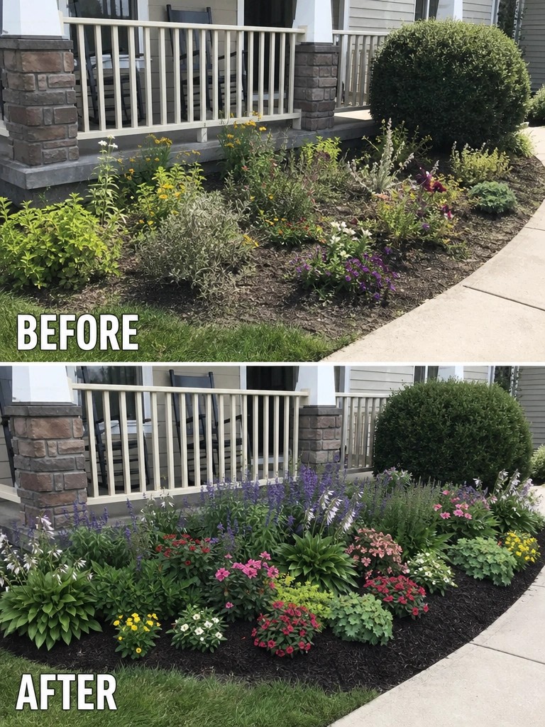 Before and after of overgrown garden bed transformed into colorful mulched flower garden.