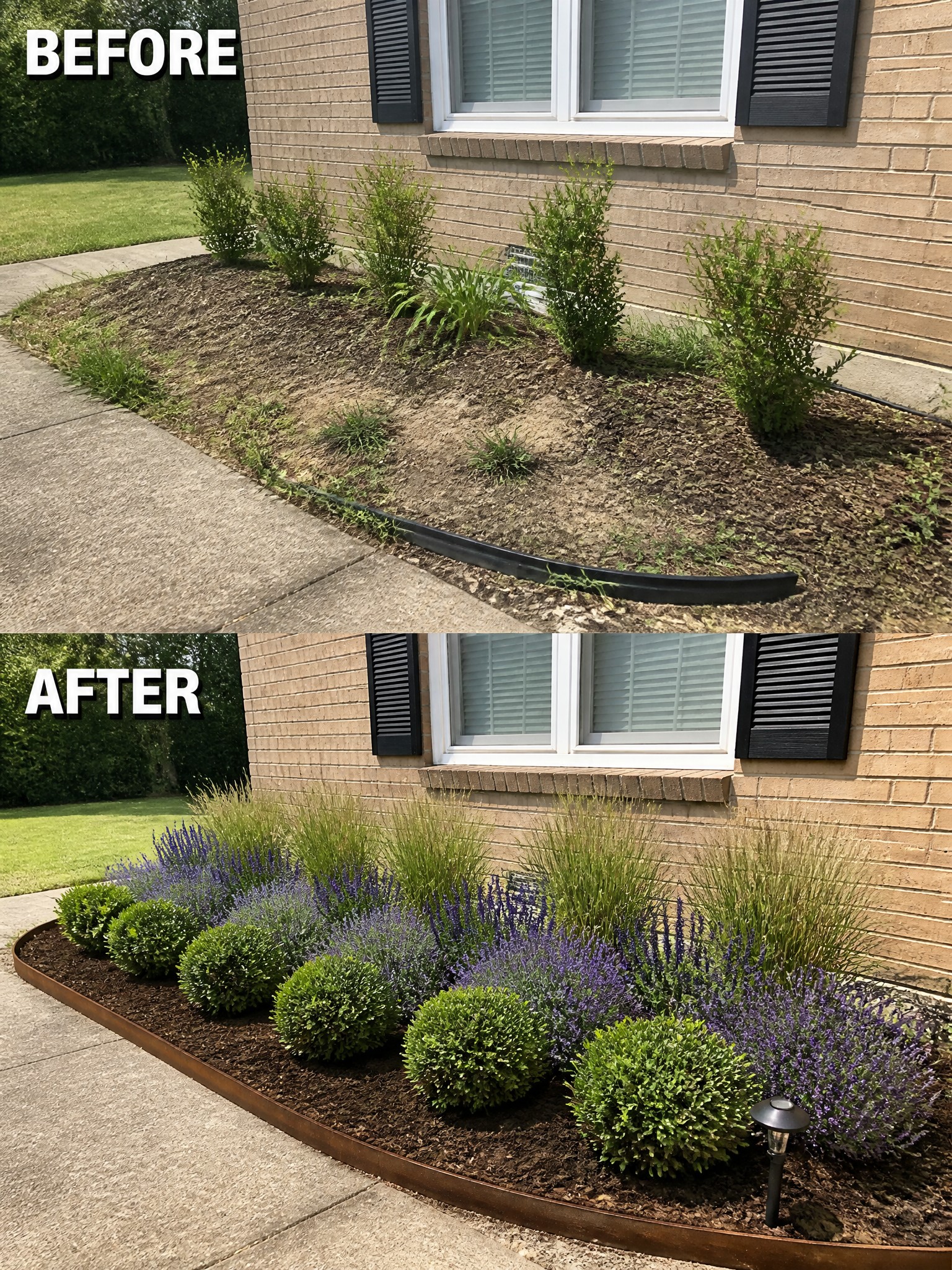 Before-and-after image of an overgrown garden bed along a brick house changed into a neatly edged bed with rounded shrubs, lavender, and tall grasses.