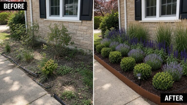 24 Beautiful Garden Makeover Ideas That Make Beds Feel Planned Before-and-after image of an overgrown garden bed along a brick house changed into a neatly edged bed with rounded shrubs, lavender, and tall grasses.