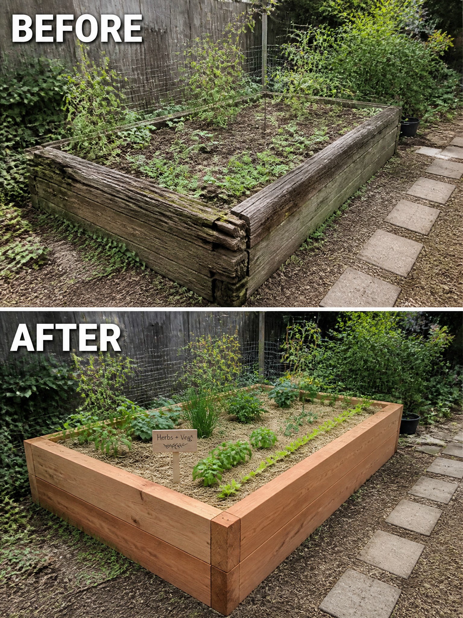 Before-and-after image of an overgrown raised garden bed updated with new wooden sides and straw mulch for organized rows of herbs and vegetables.