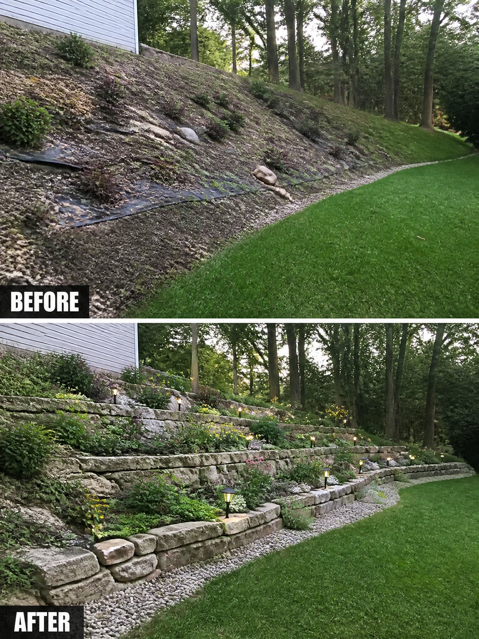 Before weedy slope and after terraced stone walls with plants and lights
