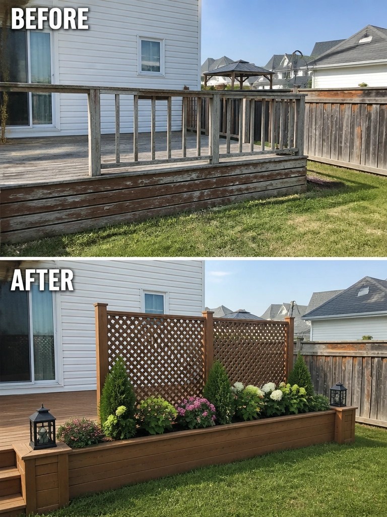Before and after of backyard deck with new lattice, planter, and flowers.