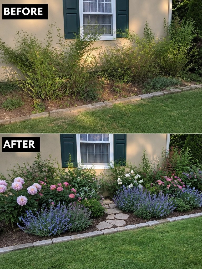 Before and after garden bed makeover with pink peonies and blue flowers by window