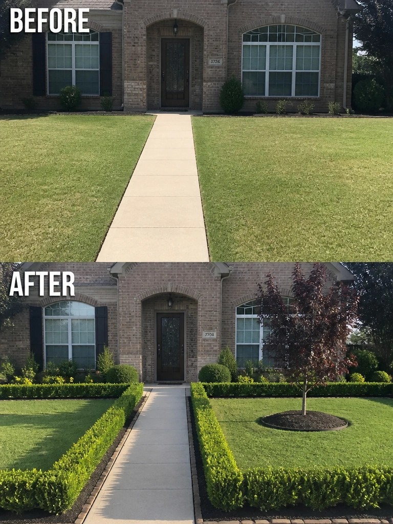 Before and after of brick house with added hedges, tree and landscaping.