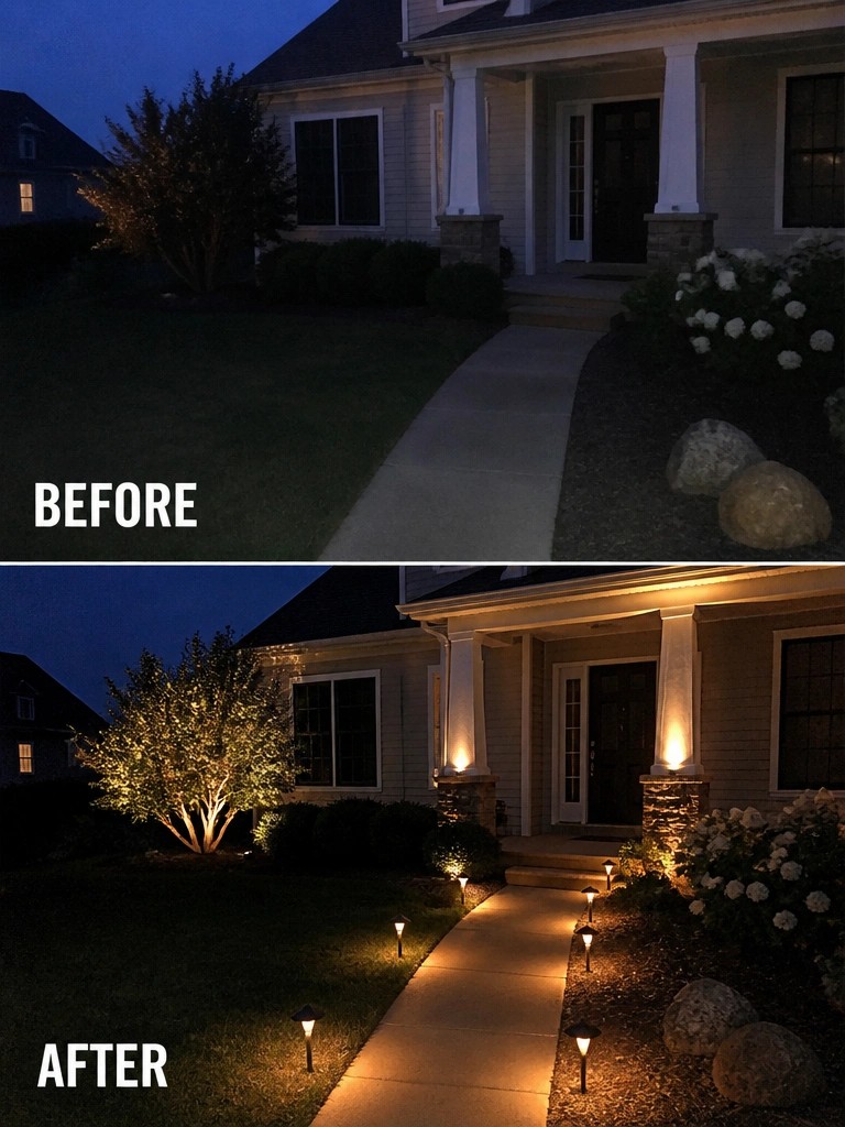 Before and after of house exterior at night with added landscape lighting.