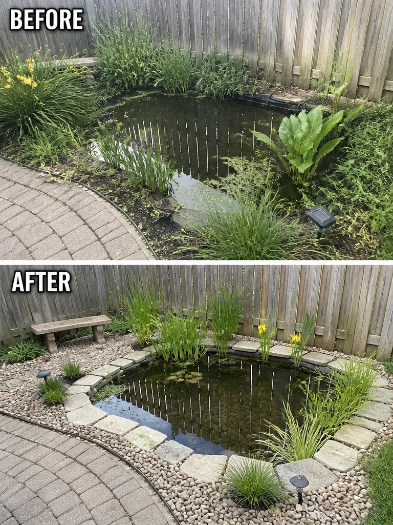 Before and after of overgrown backyard pond cleaned up with stone edging and plants.
