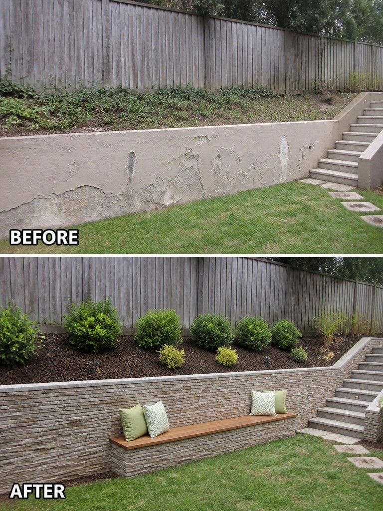 Before and after of cracked retaining wall transformed with stone veneer and bench.
