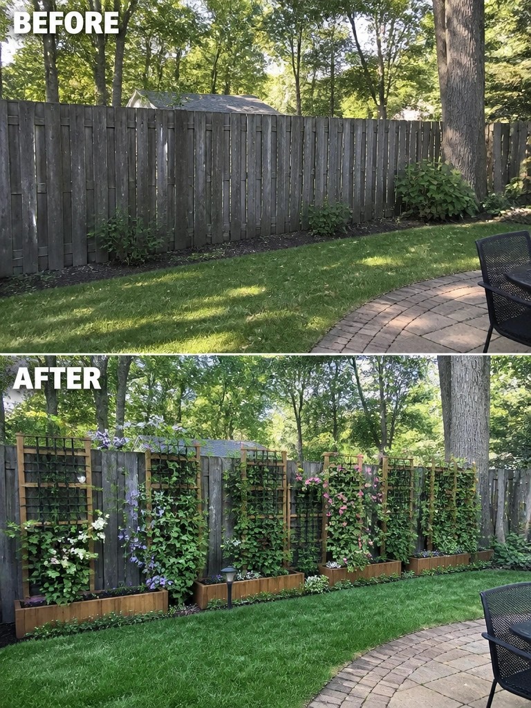 Before-and-after image of a plain wooden fence line changed into a structured border with trellises, climbing flowers, and raised wooden planter boxes.