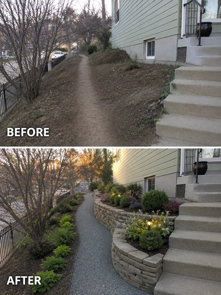 Before and after of sloped dirt path upgraded with gravel, stone walls and plants.