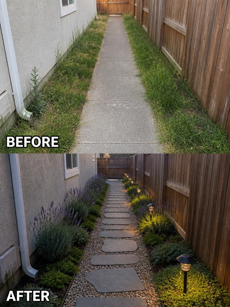 Before concrete path and after stepping stones with purple flowers and lights