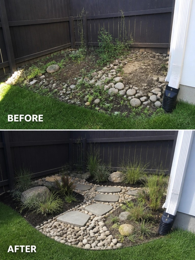 Before-and-after image of an overgrown backyard corner changed into a structured garden with stepping stones, gravel, and planted borders.