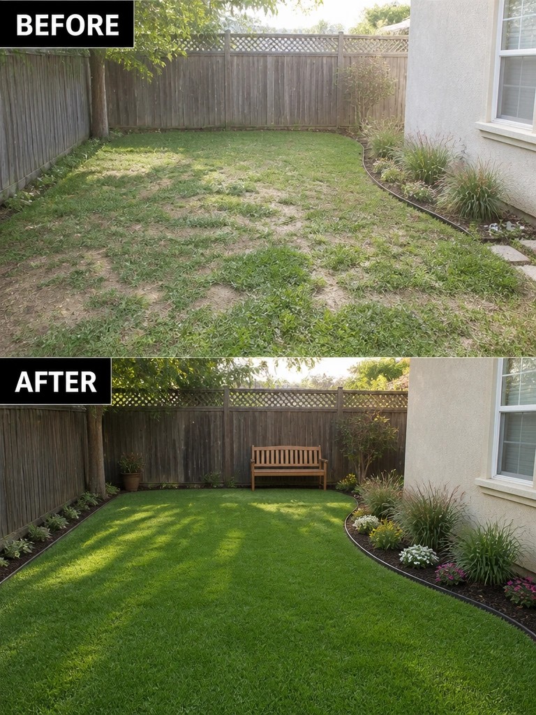 Before and after of patchy lawn transformed into lush green turf with bench and garden beds