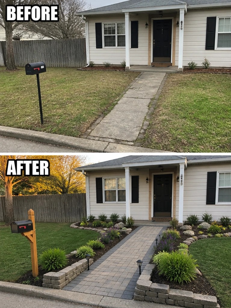 Before and after house exterior with new brick walkway and landscaping