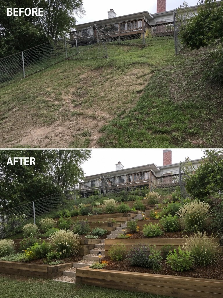 Before-and-after image of a steep grassy hillside changed into terraced garden beds with wooden retaining walls, stairs, and planted landscaping.