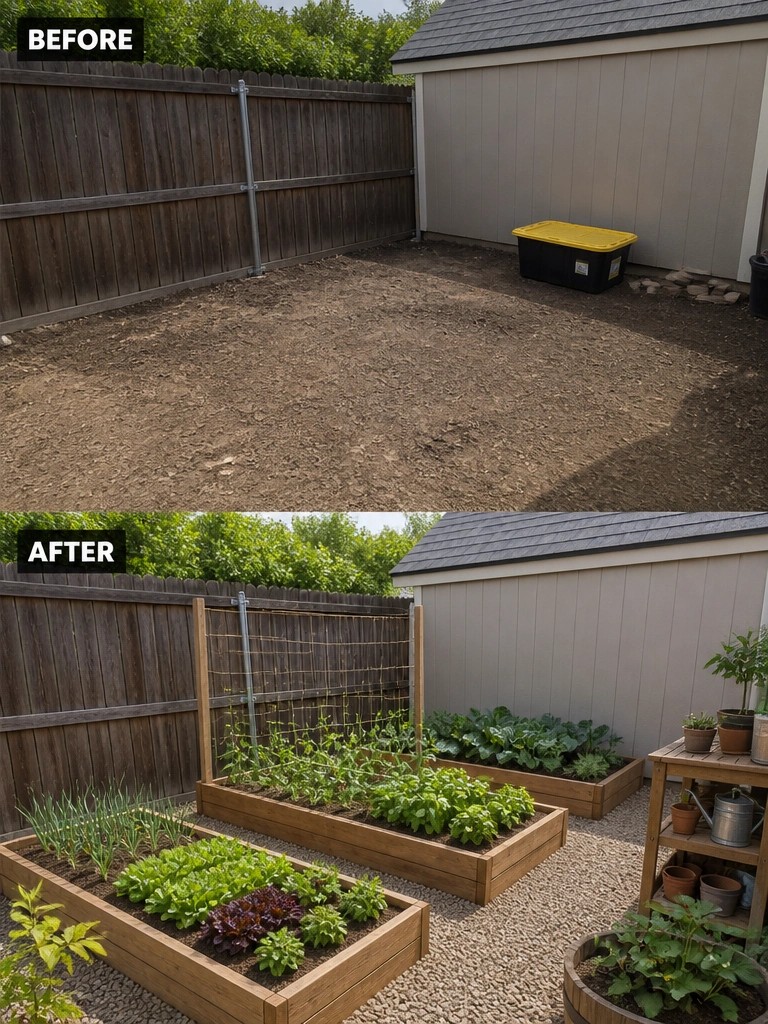 Before empty dirt yard after wooden raised vegetable garden beds with trellis