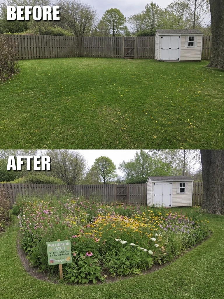 Before and after backyard lawn transformed into vibrant colorful pollinator flower garden with shed.