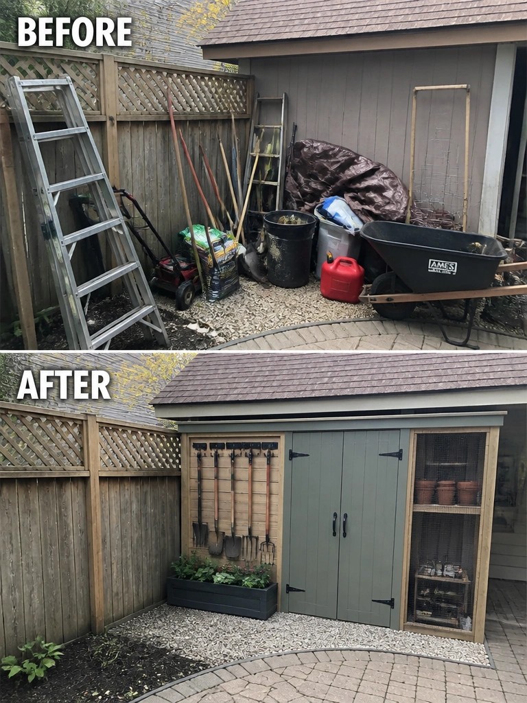 Before-and-after backyard shed area with organized tool wall and storage shed