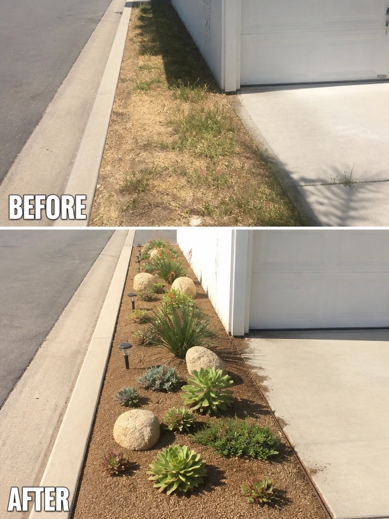 Before and after of a dirt strip landscaped with succulents, rocks, and lights.
