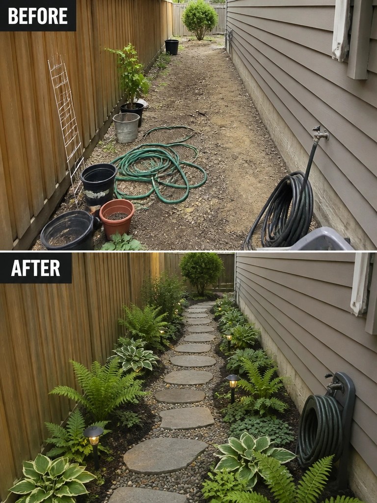 Before-and-after image of a cluttered dirt side yard changed into a clean walkway with stone stepping stones, planted borders, and path lights.