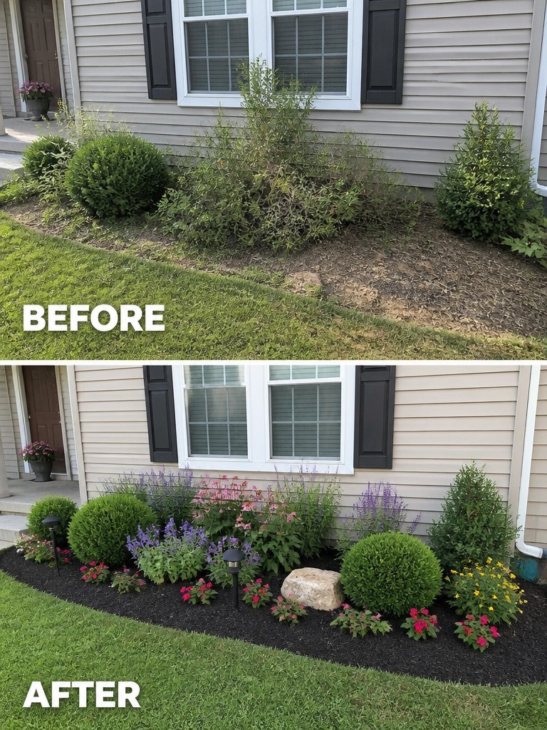 Before and after garden bed with flowers, mulch, shrubs, and house exterior.