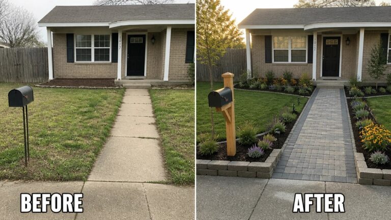 24 Beautiful Landscaping Makeover Ideas for A More Finished Outdoor Space Before and after house exterior with new brick walkway and landscaping