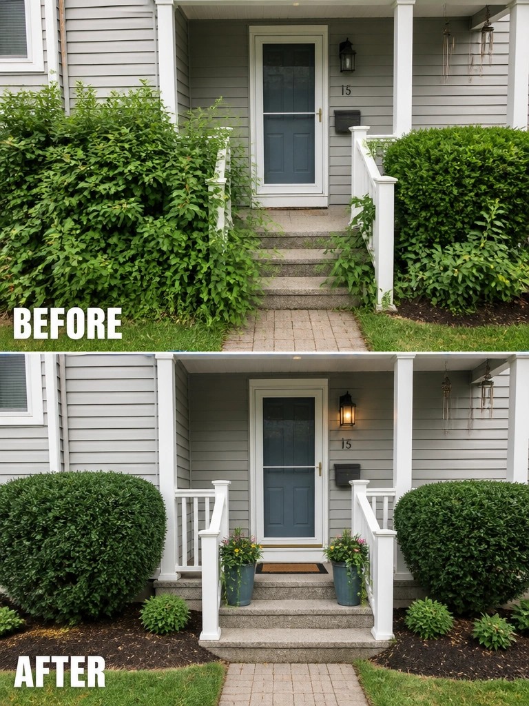 Before and after of gray house porch with overgrown versus trimmed bushes and flower pots.