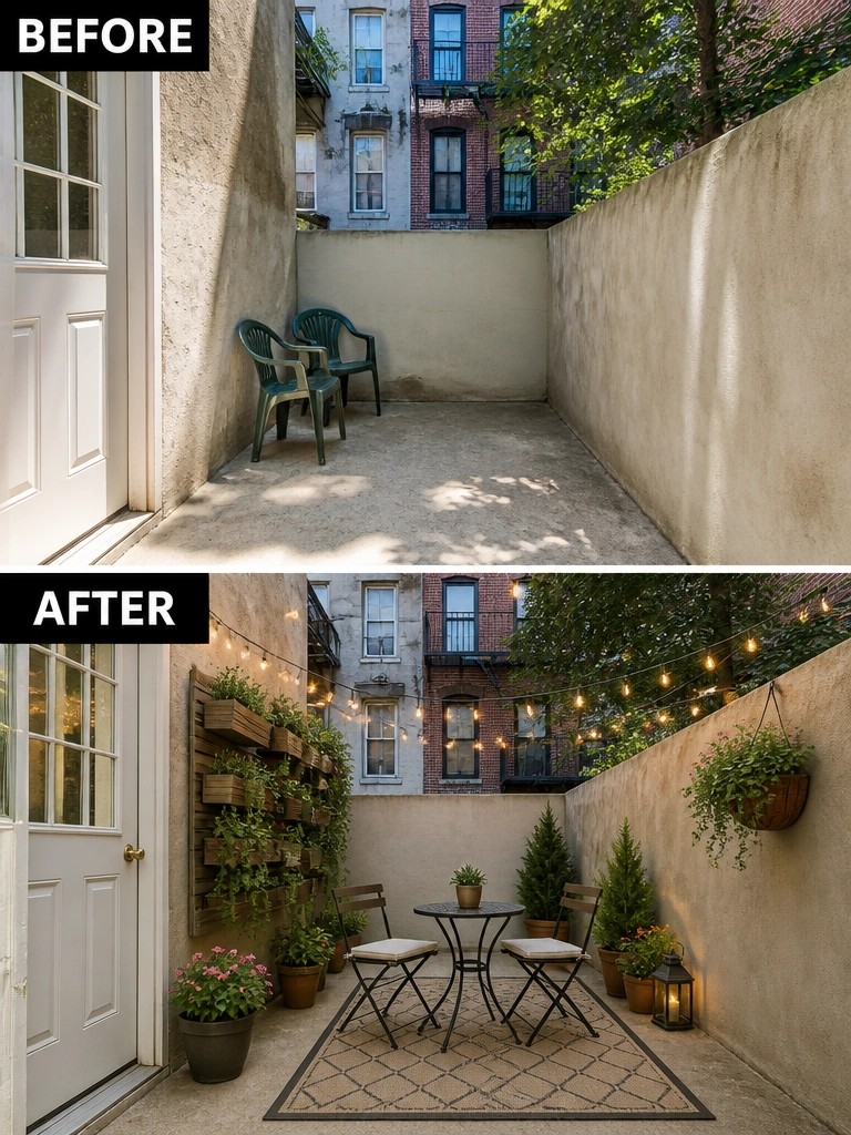 Before and after of bare concrete patio transformed into cozy garden with lights and plants.