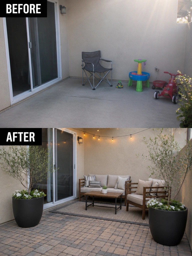 Before and after patio transformation with new furniture, plants and string lights