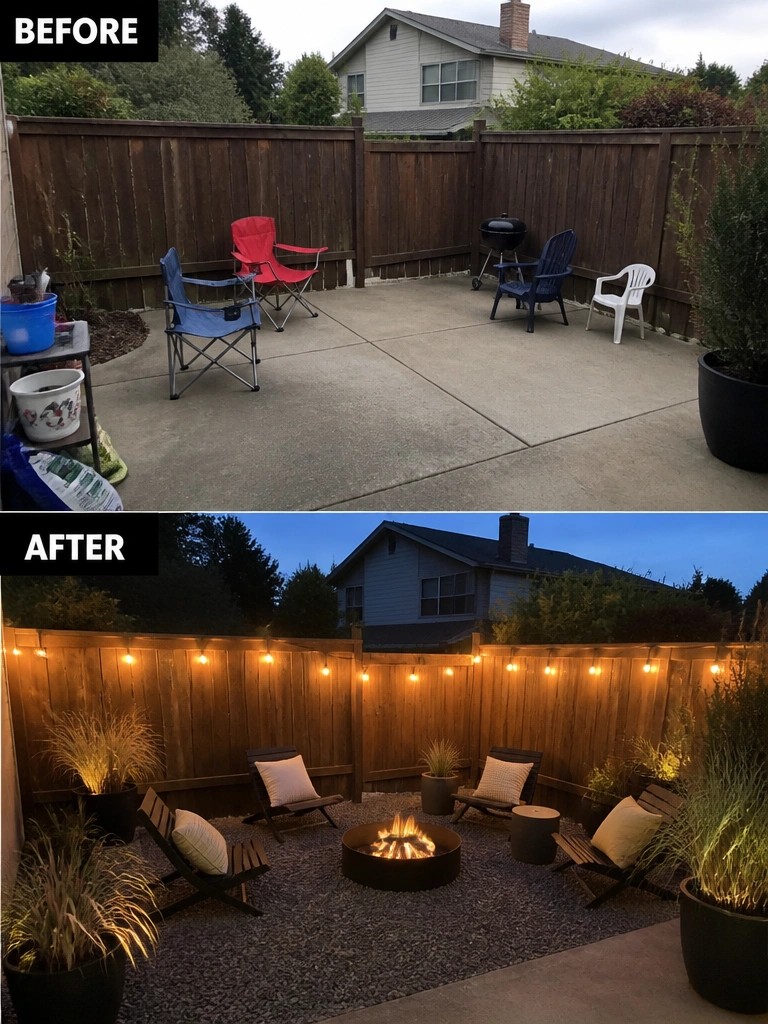 Before and after backyard patio with fire pit, lights, and seating area