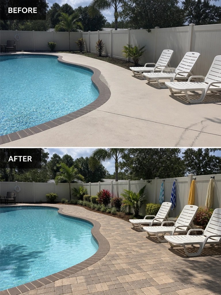 Before-and-after pool deck: concrete replaced by pavers, plants added, towels on fence.