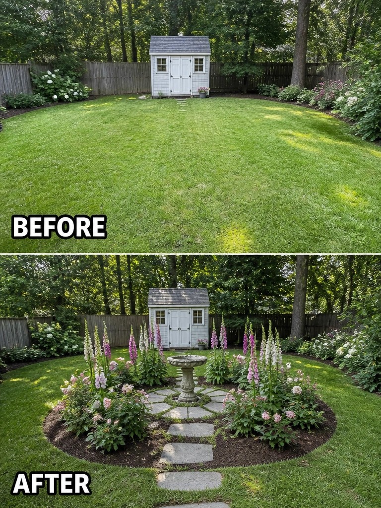 Before and after backyard with shed, lawn, flower garden, and stone path.