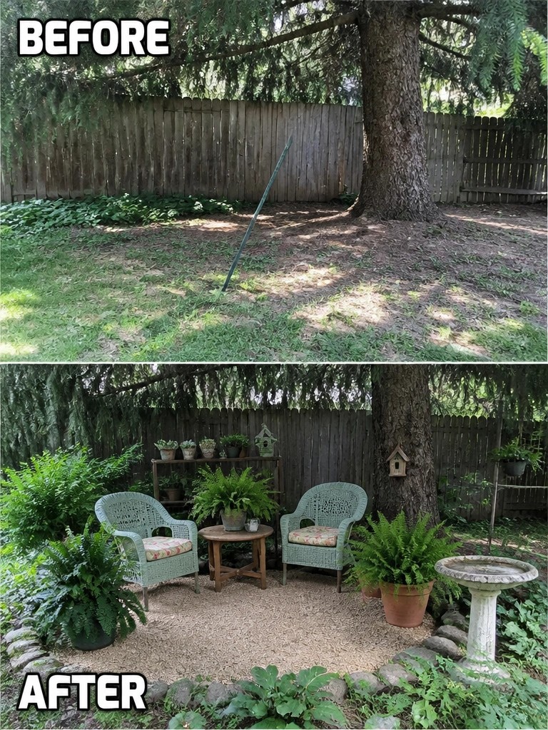 Before-and-after image of a bare backyard changed into a gravel seating area with two chairs, potted ferns, and a birdbath.
