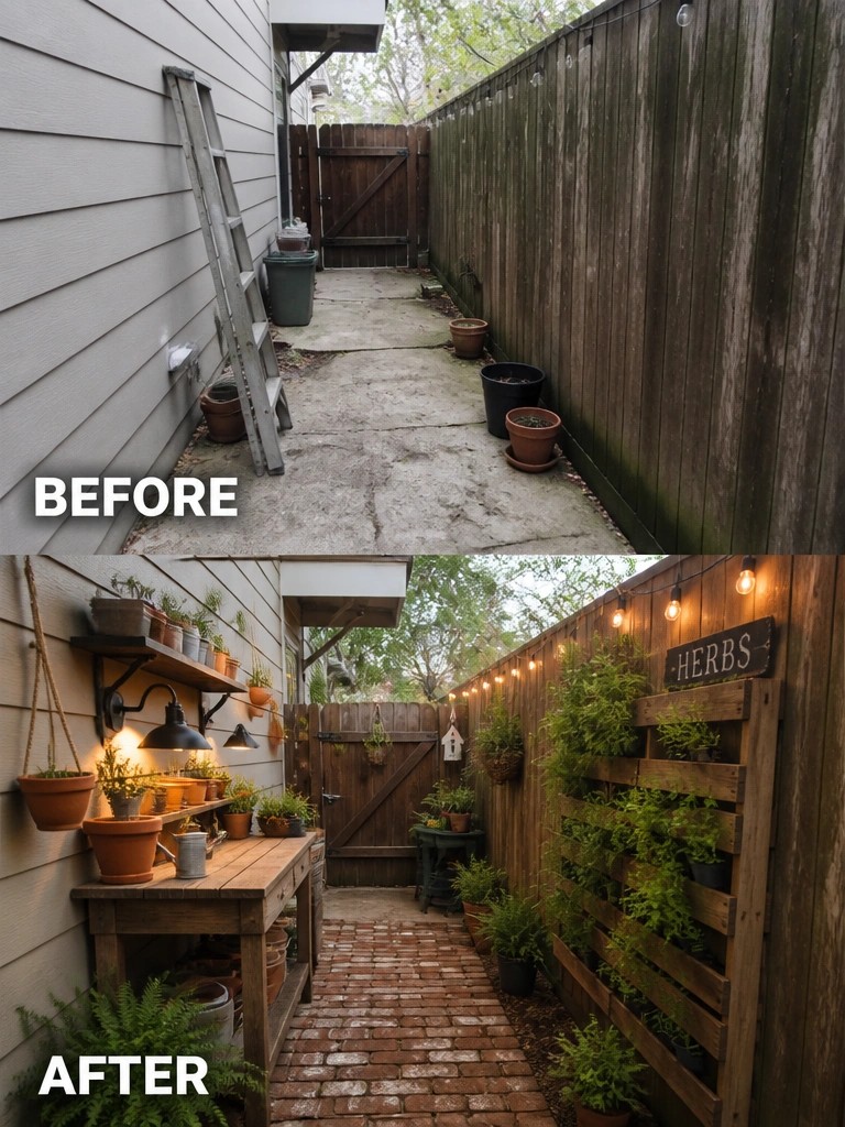 Before and after of a cluttered concrete path transformed into a cozy plant-filled garden.