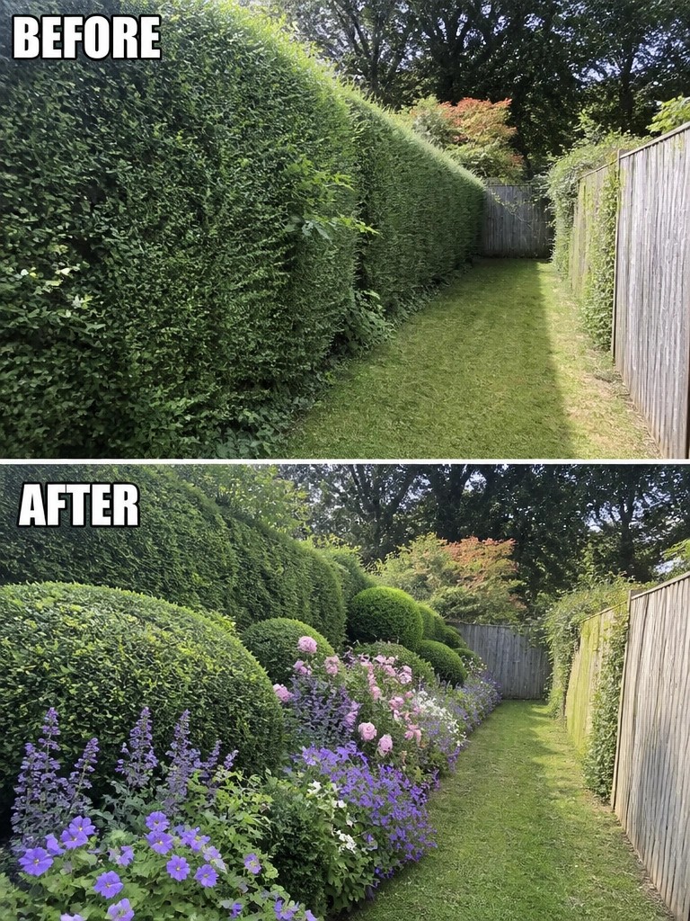 Before and after of garden path with tall hedge and colorful flower border.
