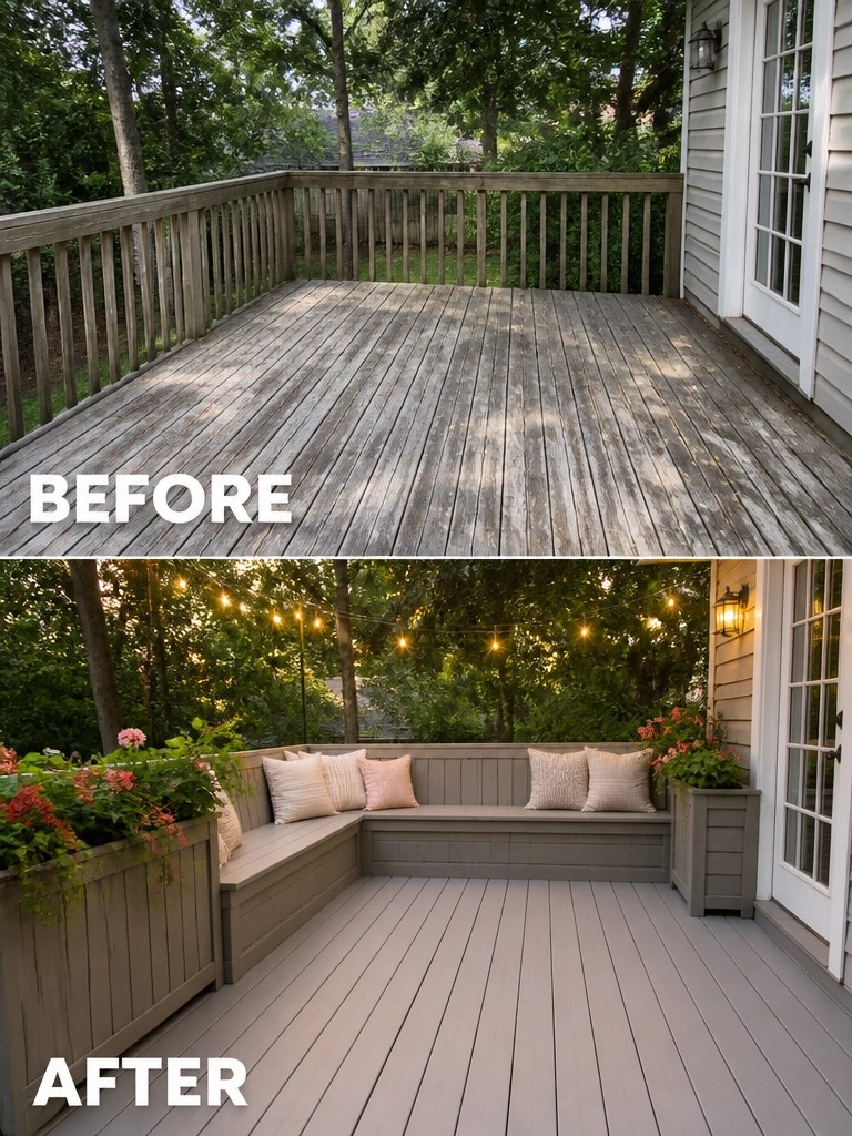 Before and after of renovated deck with built-in seating, planters, and string lights.